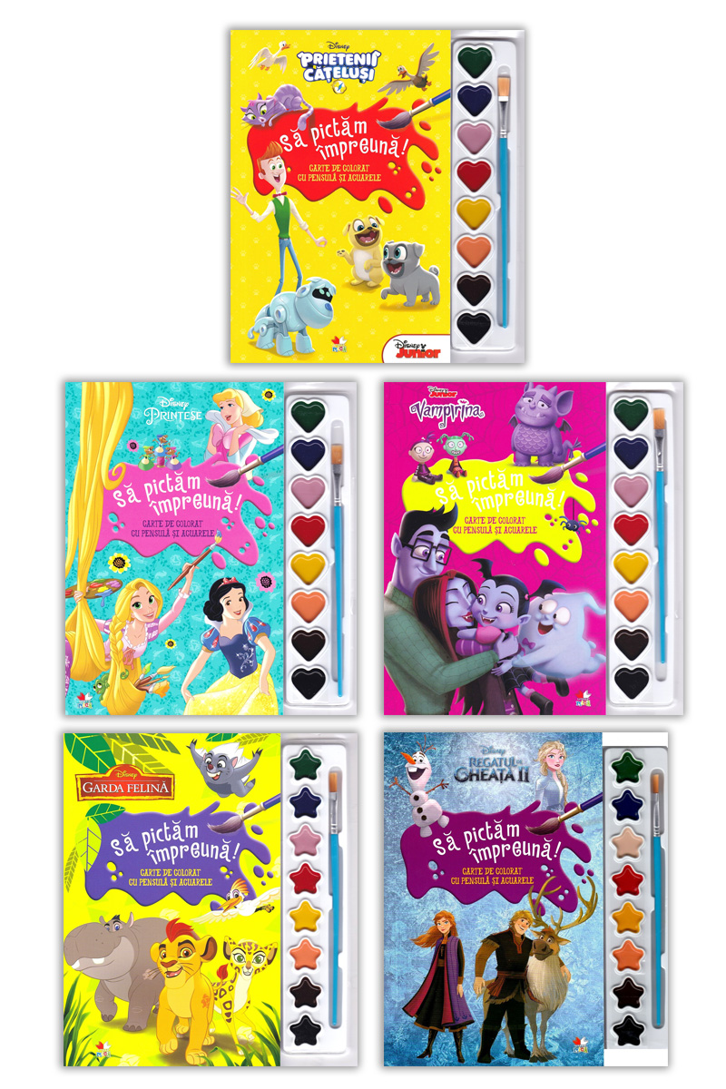 Pachet 5 carti Sa pictam impreuna cu personajele Disney (carti cu pensula si acuarele) acuarele poza bestsellers.ro